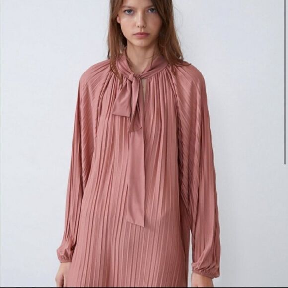 Zara Long Sleeve Dusty Pink Pleated Dress Sz-Medium - Picture 3 of 13